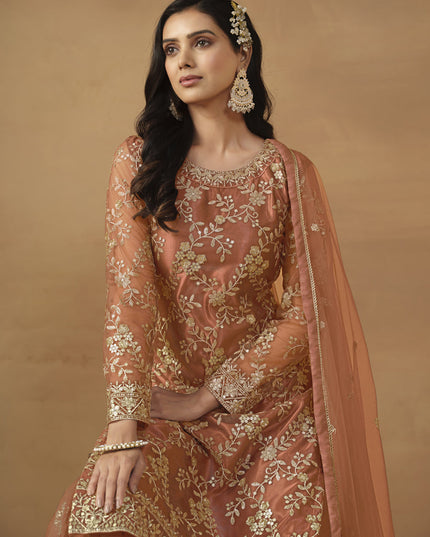 Tangerine Net Embroidered Sharara Kameez Suit