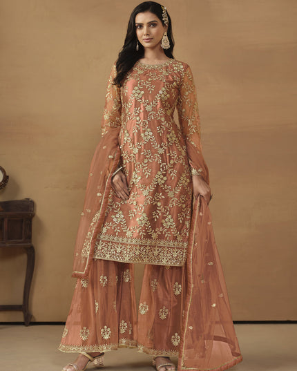 Tangerine Net Embroidered Sharara Kameez Suit