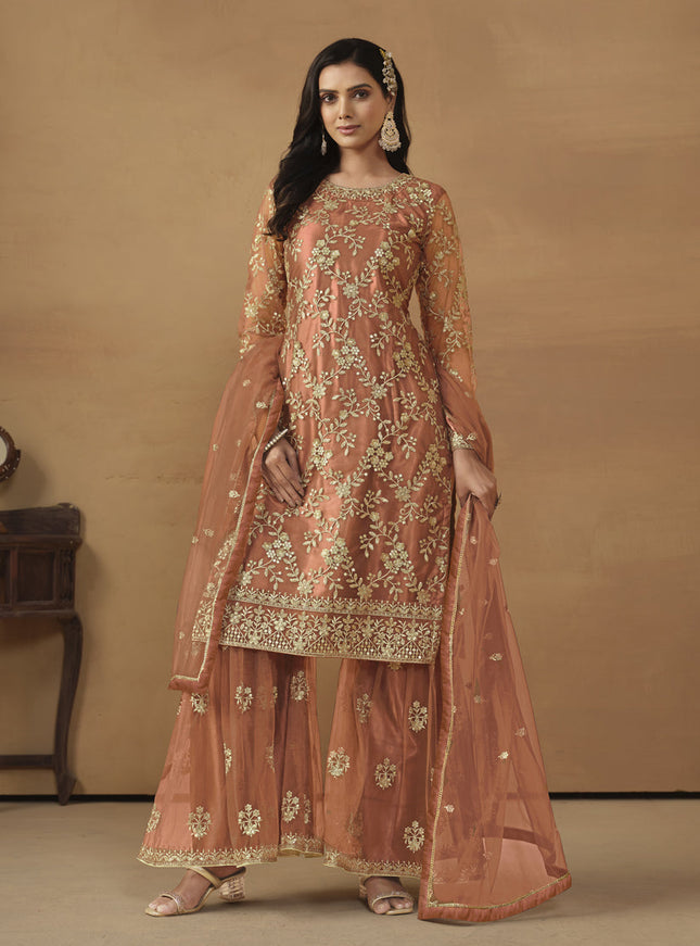 Tangerine Net Embroidered Sharara Kameez Suit