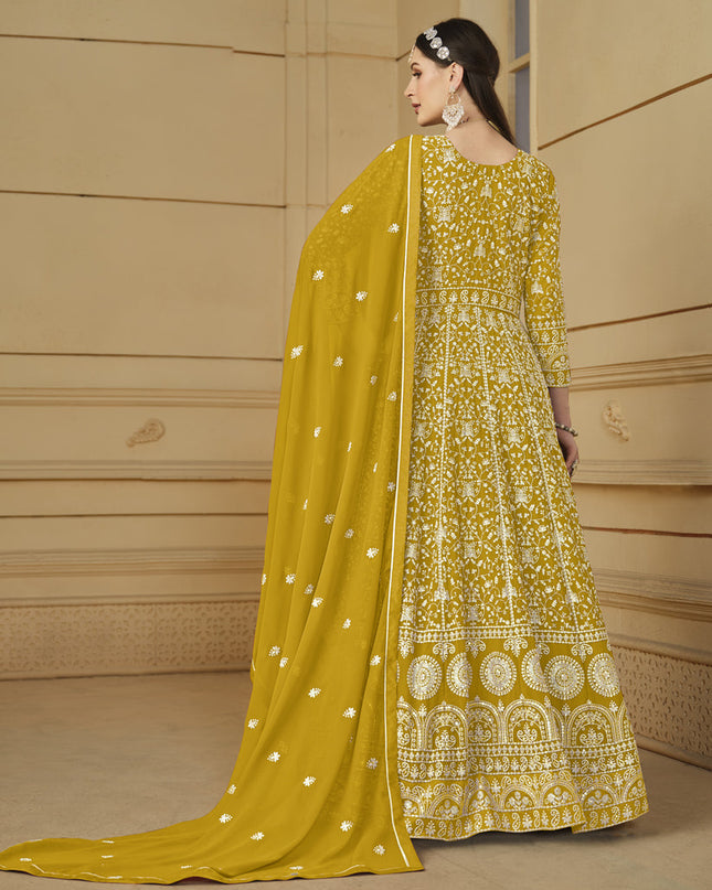Mustard Faux Georgette Embroidered Anarkali Suit