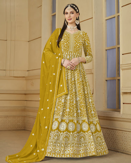 Mustard Faux Georgette Embroidered Anarkali Suit