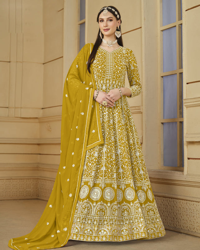 Mustard Faux Georgette Embroidered Anarkali Suit