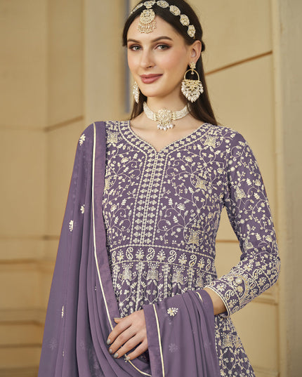 Mauve Faux Georgette Embroidered Anarkali Suit