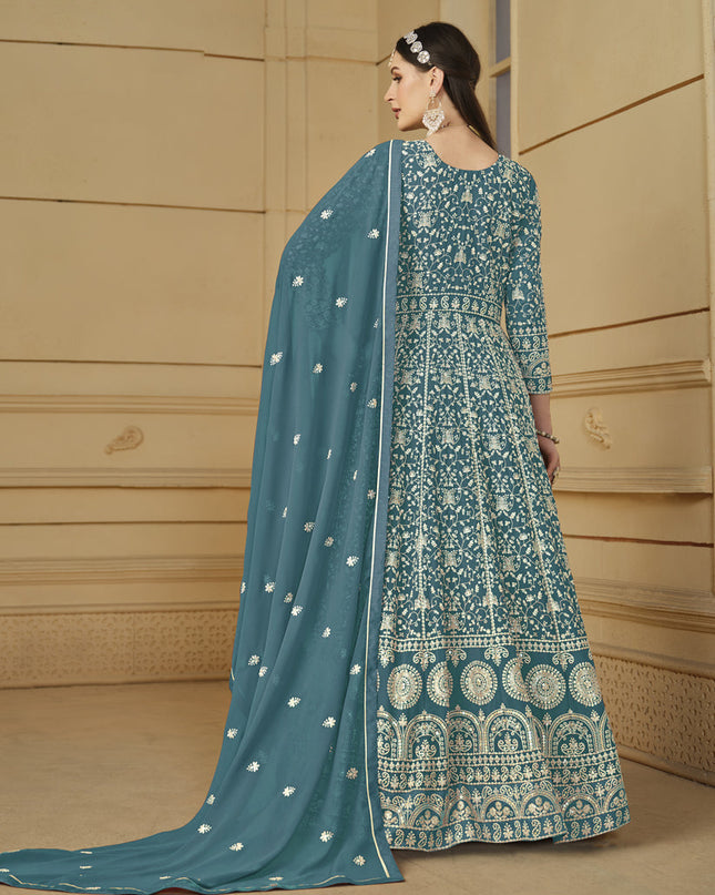 Firozi Blue Faux Georgette Embroidered Anarkali Suit