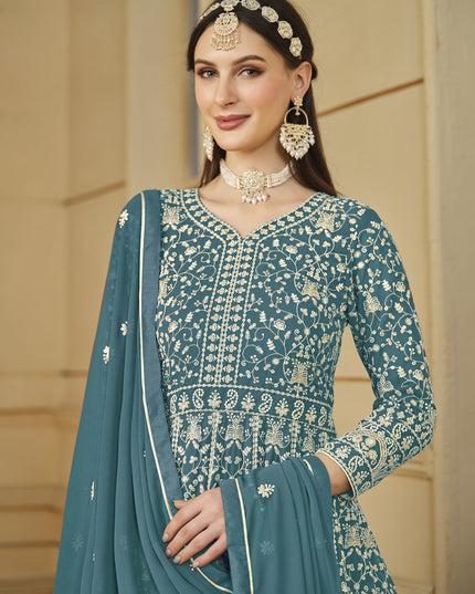 Firozi Blue Faux Georgette Embroidered Anarkali Suit