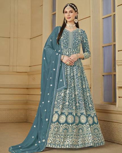Firozi Blue Faux Georgette Embroidered Anarkali Suit