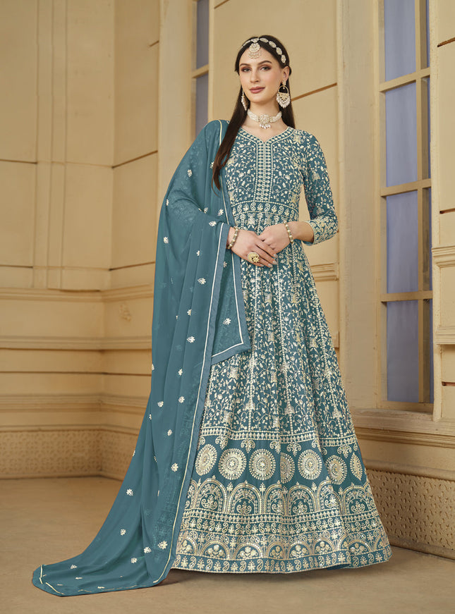 Firozi Blue Faux Georgette Embroidered Anarkali Suit