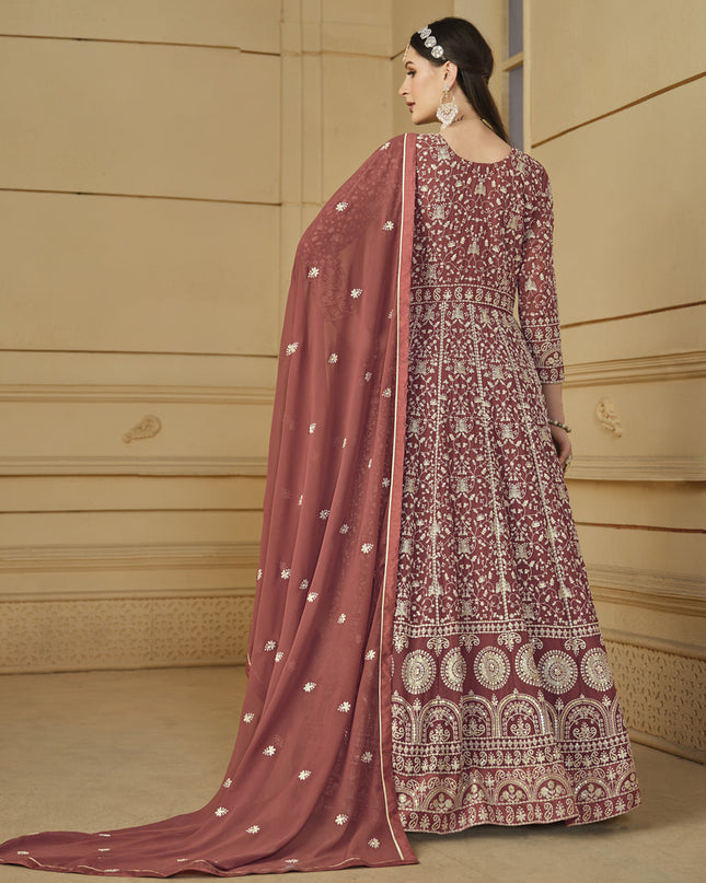 Rose Taupe Faux Georgette Embroidered Anarkali Suit