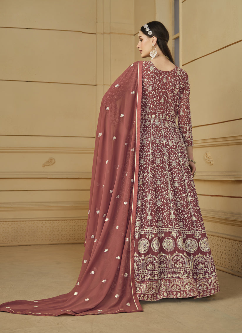 Rose Taupe Faux Georgette Embroidered Anarkali Suit