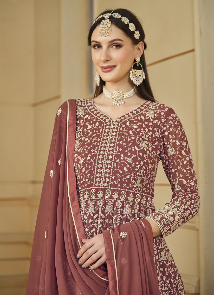 Rose Taupe Faux Georgette Embroidered Anarkali Suit