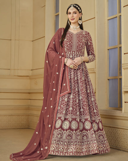 Rose Taupe Faux Georgette Embroidered Anarkali Suit