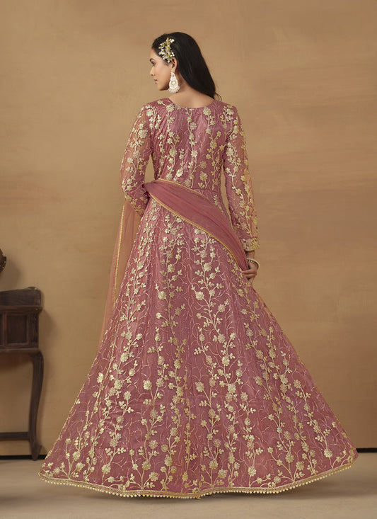 Coral Pink Net Embroidered Designer Pant Kameez
