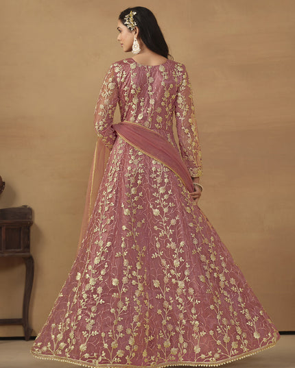 Coral Pink Net Embroidered Designer Pant Kameez