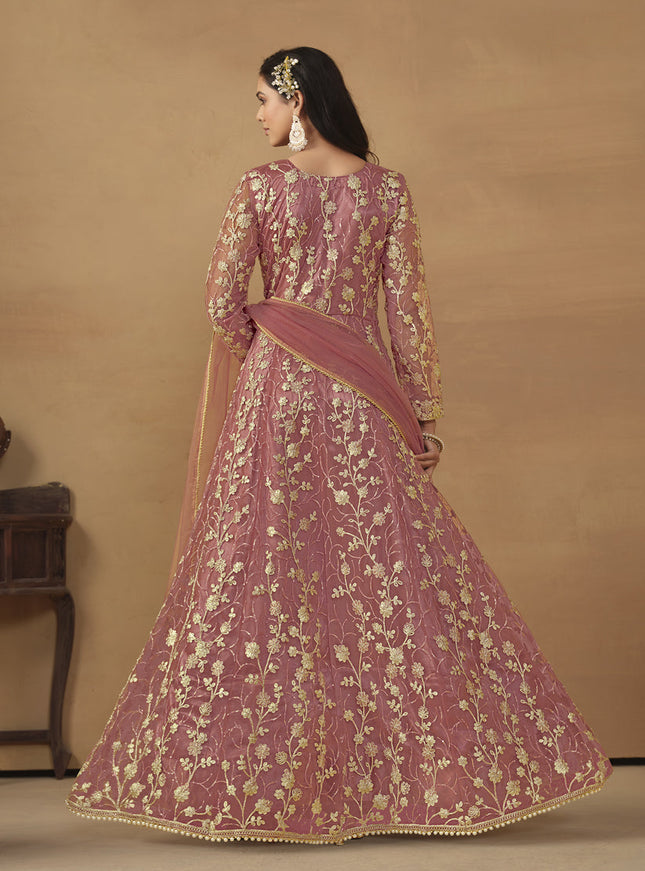 Coral Pink Net Embroidered Designer Pant Kameez