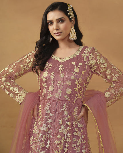 Coral Pink Net Embroidered Designer Pant Kameez