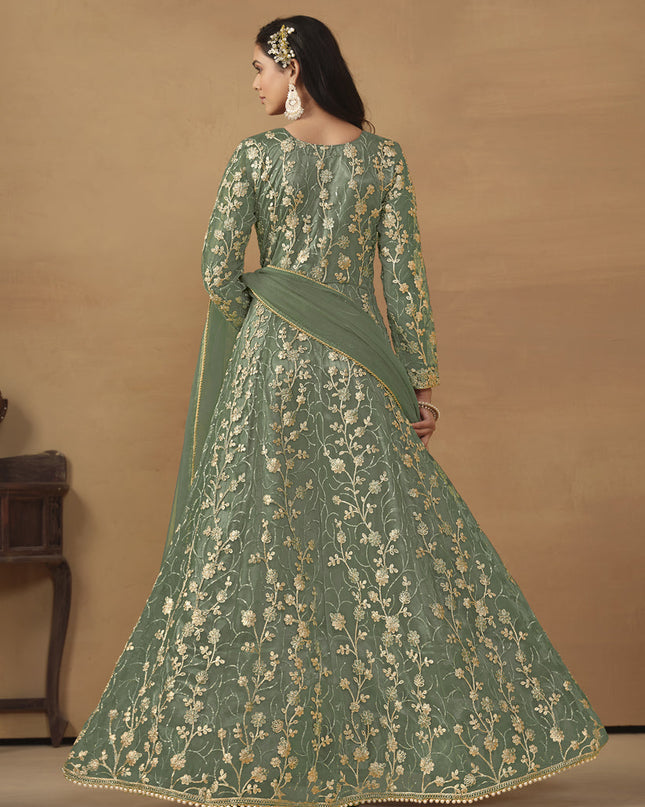 Sage Green Net Embroidered Designer Pant Kameez