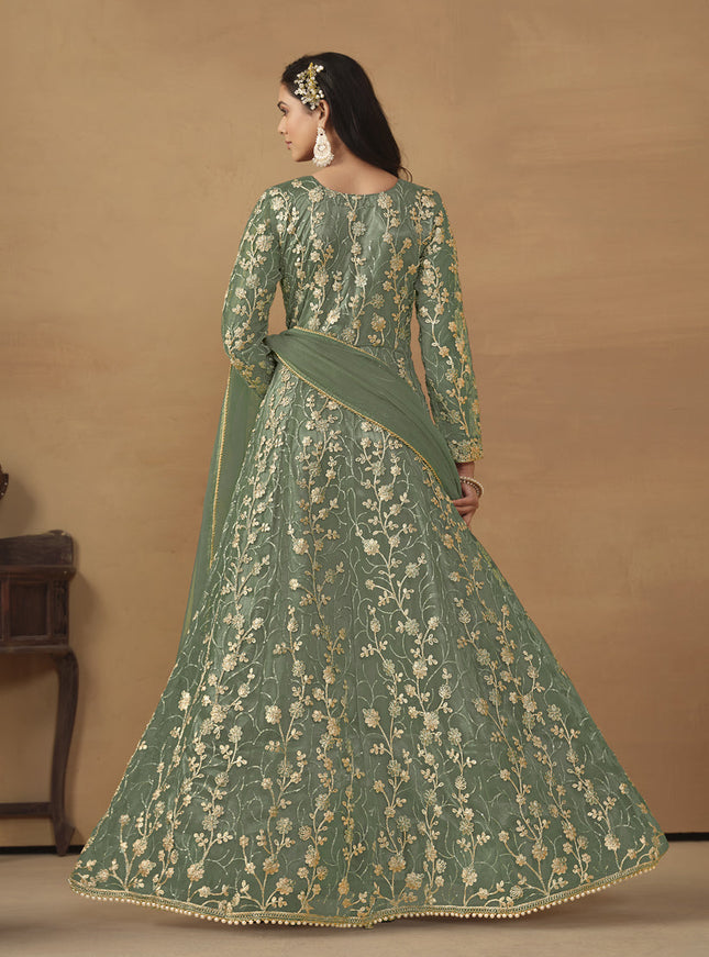 Sage Green Net Embroidered Designer Pant Kameez