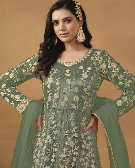 Sage Green Net Embroidered Designer Pant Kameez