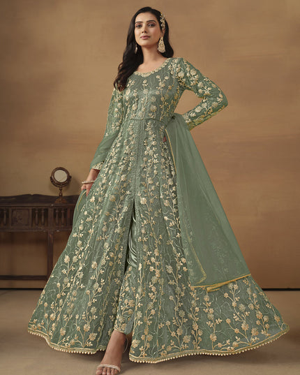 Sage Green Net Embroidered Designer Pant Kameez