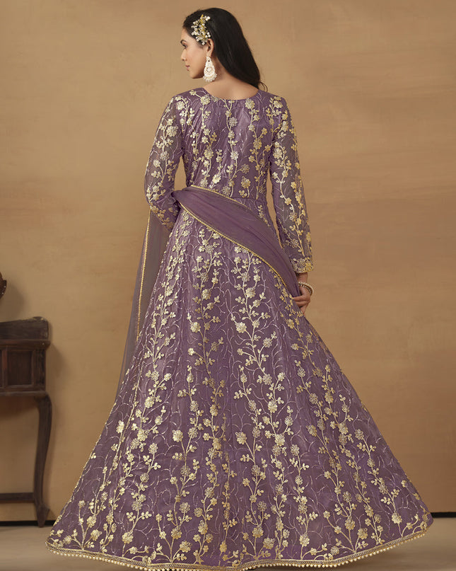 Mauve Net Embroidered Designer Pant Kameez