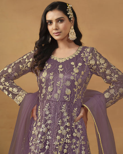 Mauve Net Embroidered Designer Pant Kameez