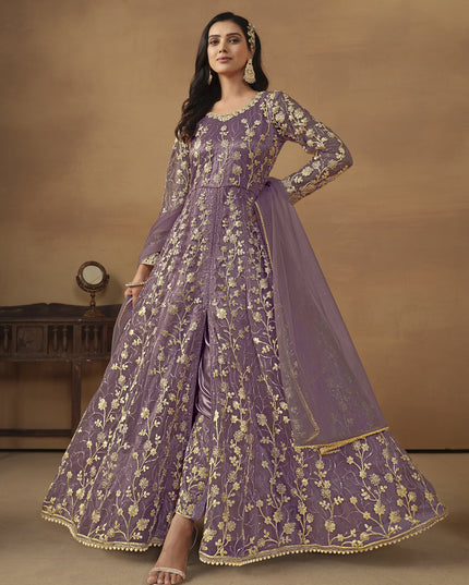 Mauve Net Embroidered Designer Pant Kameez