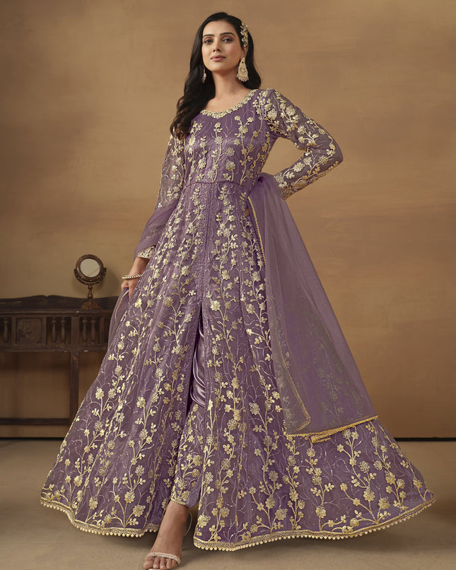 Mauve Net Embroidered Designer Pant Kameez