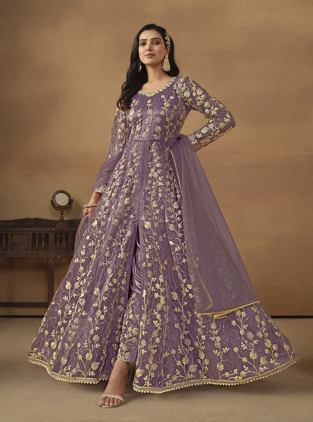 Mauve Net Embroidered Designer Pant Kameez