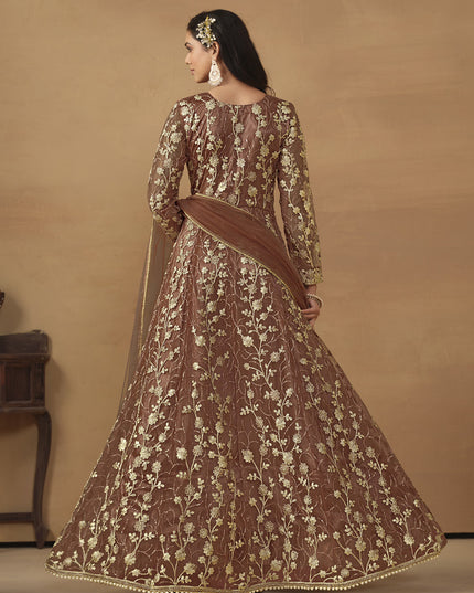 Snuff Brown Net Embroidered Designer Pant Kameez