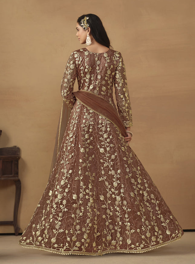 Snuff Brown Net Embroidered Designer Pant Kameez