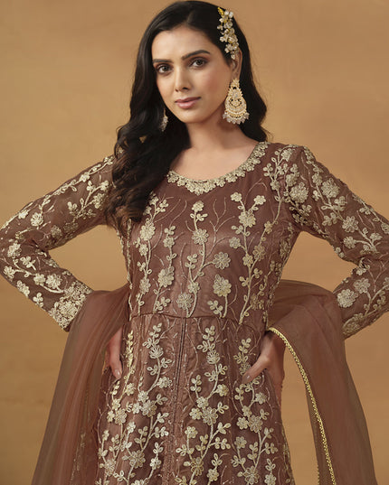 Snuff Brown Net Embroidered Designer Pant Kameez