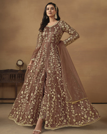 Snuff Brown Net Embroidered Designer Pant Kameez