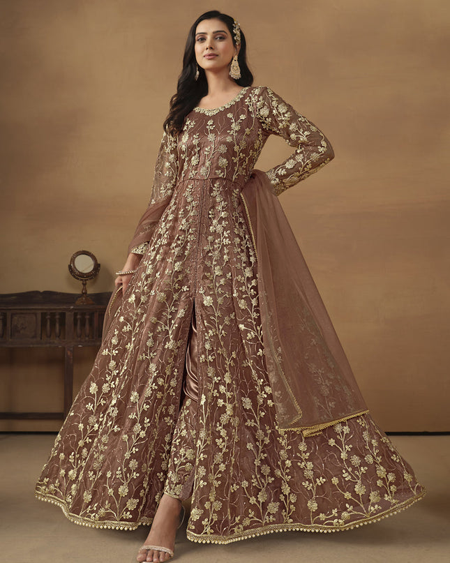 Snuff Brown Net Embroidered Designer Pant Kameez