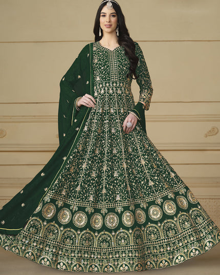Bottle Green Faux Georgette Embroidered Anarkali Suit