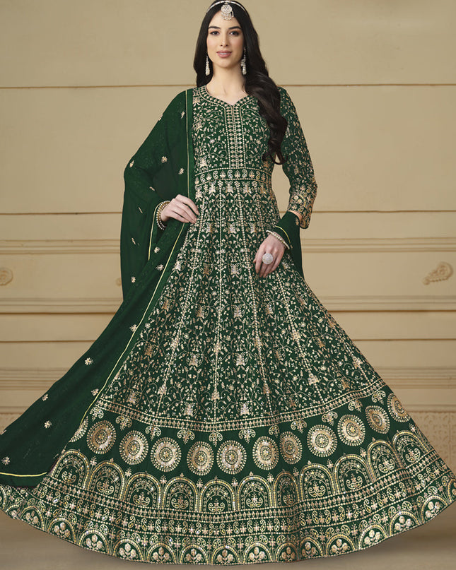Bottle Green Faux Georgette Embroidered Anarkali Suit
