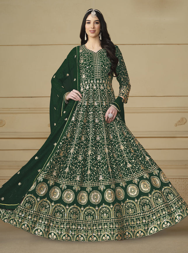 Bottle Green Faux Georgette Embroidered Anarkali Suit