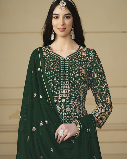 Bottle Green Faux Georgette Embroidered Anarkali Suit