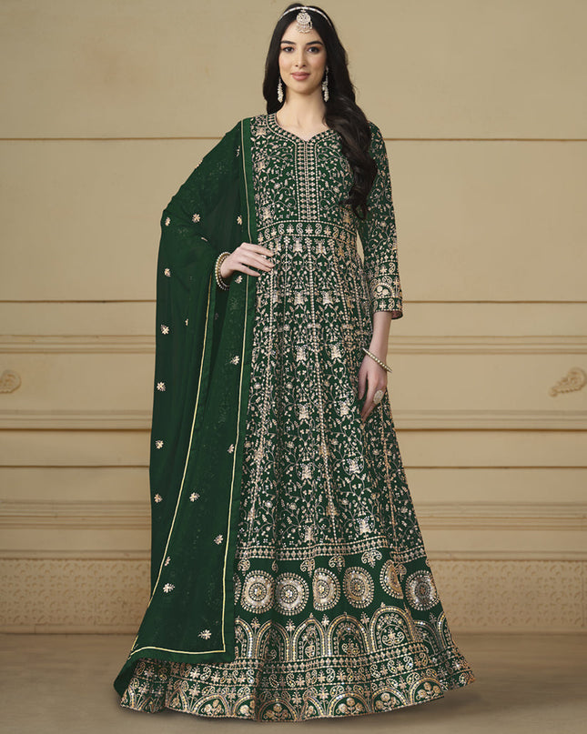 Bottle Green Faux Georgette Embroidered Anarkali Suit