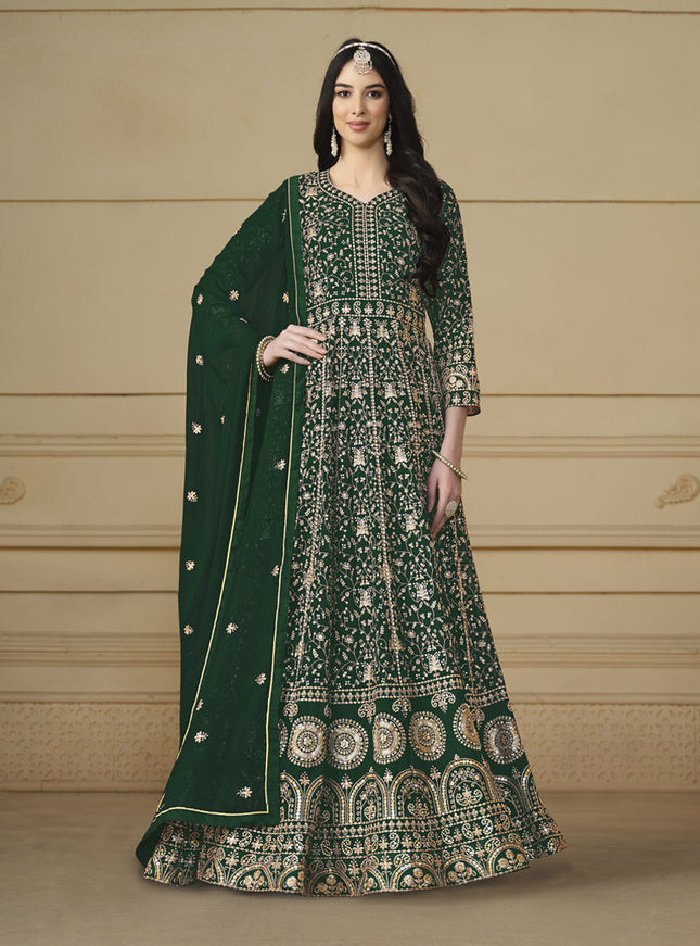 Bottle Green Faux Georgette Embroidered Anarkali Suit