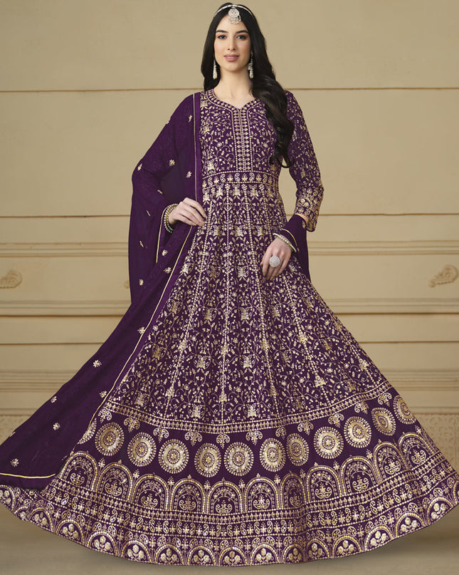 Wine Faux Georgette Embroidered Anarkali Suit