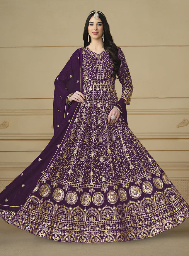 Wine Faux Georgette Embroidered Anarkali Suit