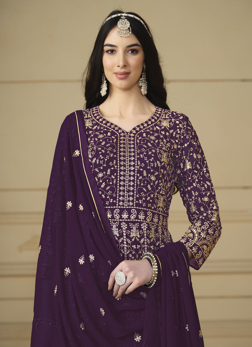 Wine Faux Georgette Embroidered Anarkali Suit