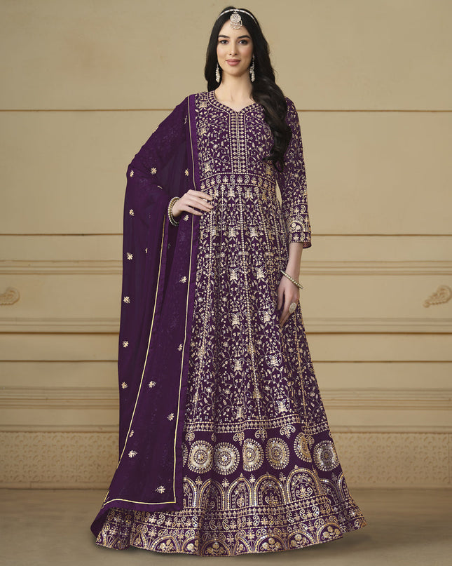 Wine Faux Georgette Embroidered Anarkali Suit