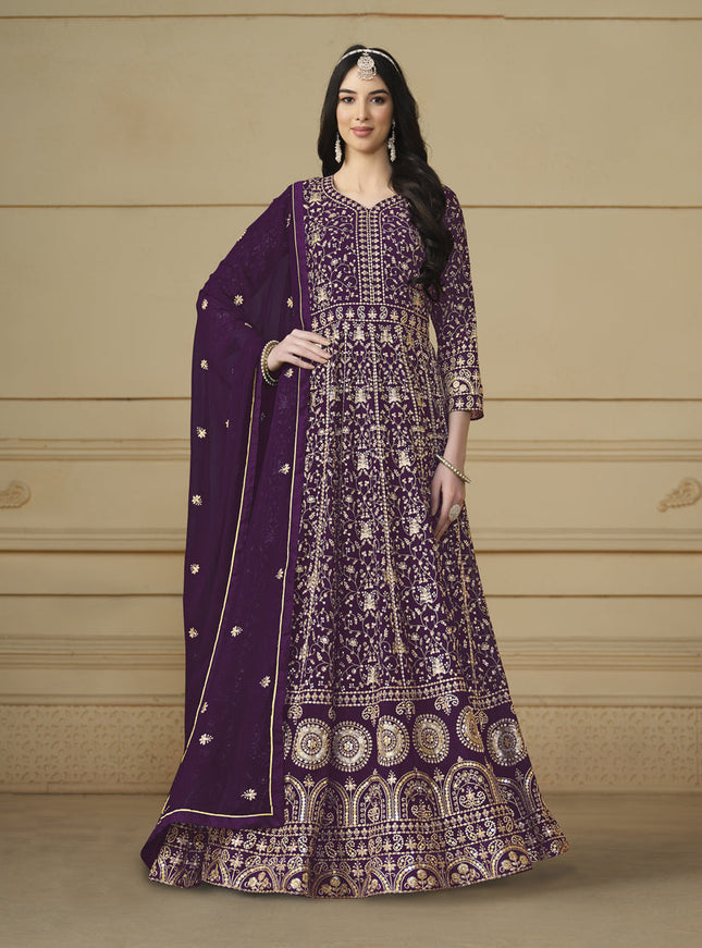 Wine Faux Georgette Embroidered Anarkali Suit