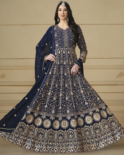 Navy Blue Faux Georgette Embroidered Anarkali Suit