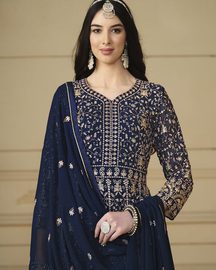Navy Blue Faux Georgette Embroidered Anarkali Suit