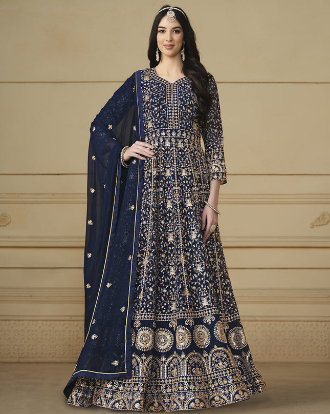 Navy Blue Faux Georgette Embroidered Anarkali Suit
