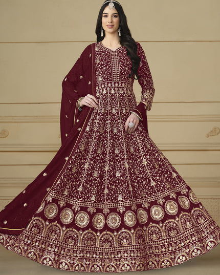 Maroon Faux Georgette Embroidered Anarkali Suit
