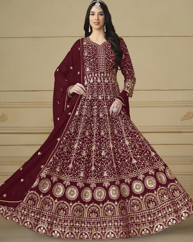 Maroon Faux Georgette Embroidered Anarkali Suit