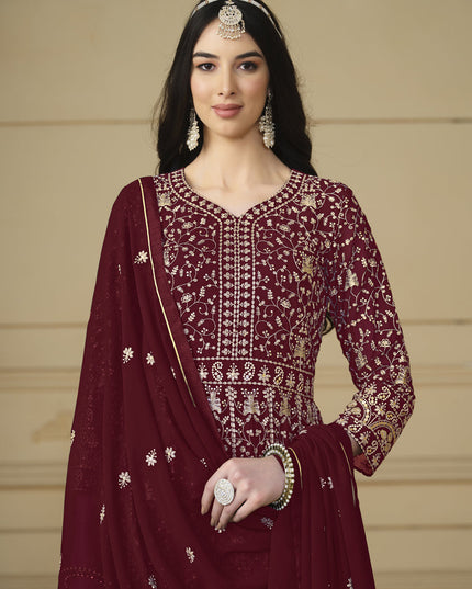 Maroon Faux Georgette Embroidered Anarkali Suit